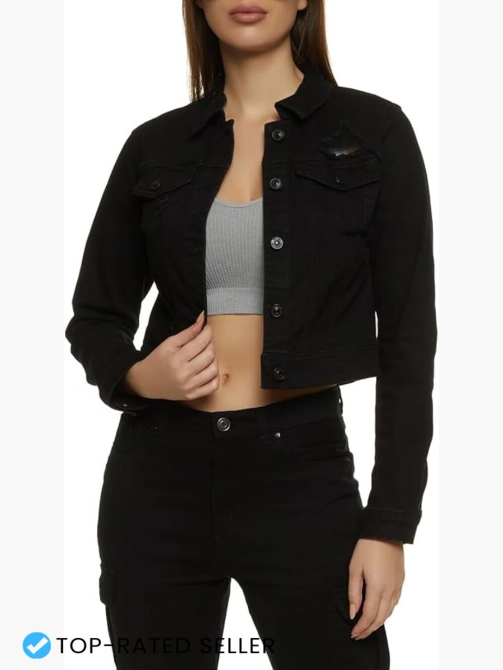 Cropped Denim Jacket Women Vintage Distressed Button Up Long Sleeve Casual